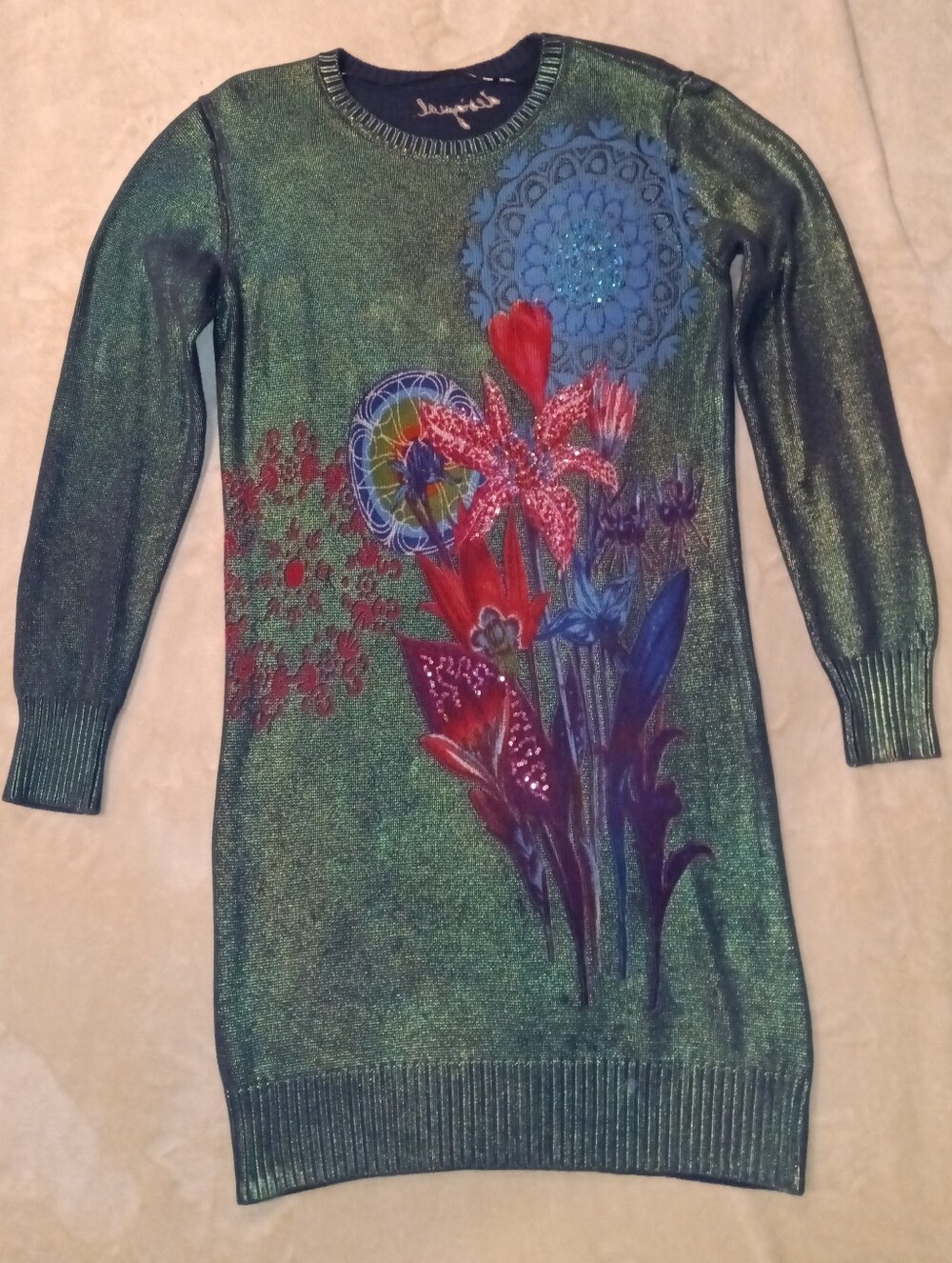 Desigual Embellished Metallic Green Floral Sweater Dress